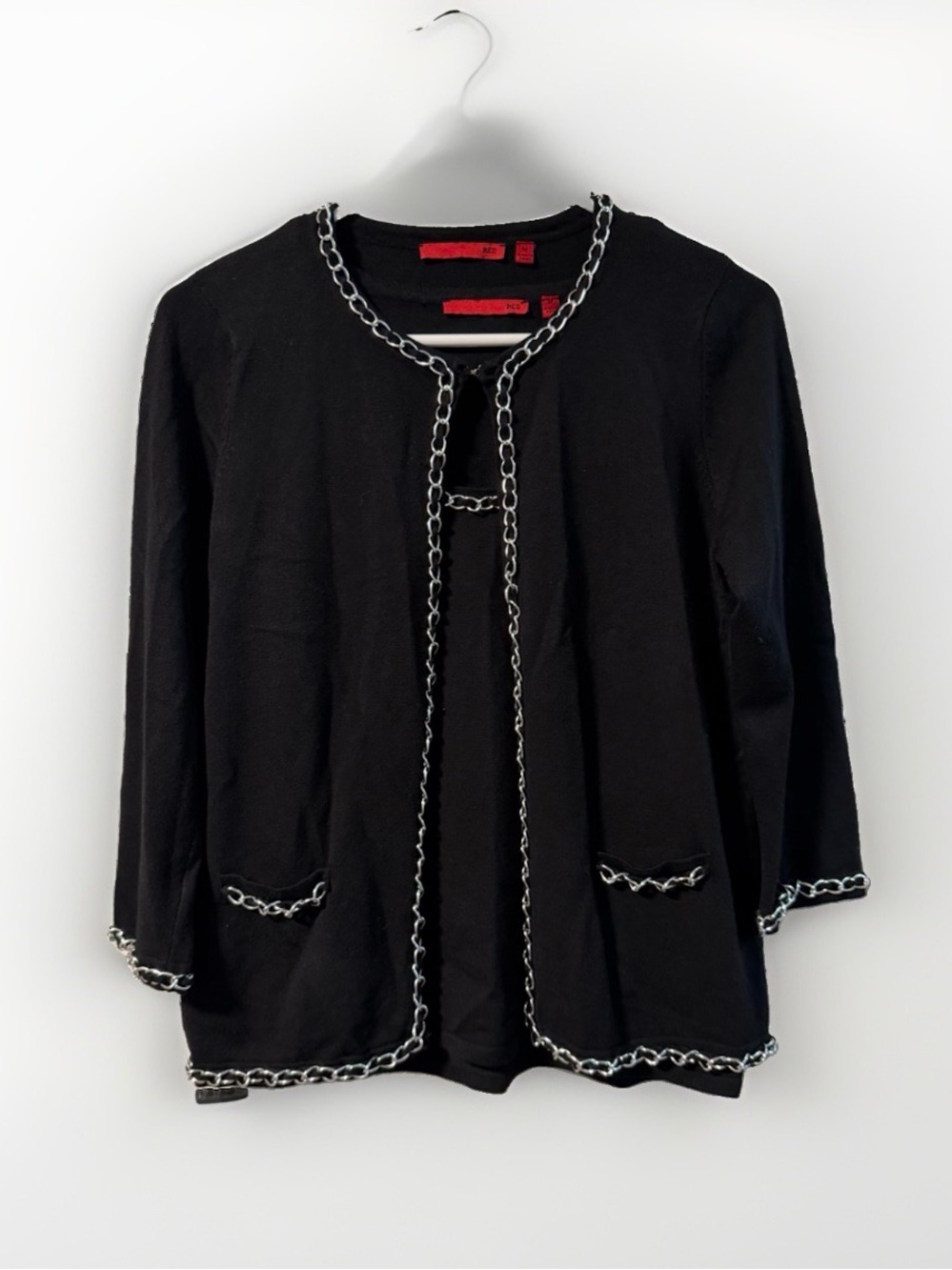 Red Black Chain-Trim Open Cardigan set